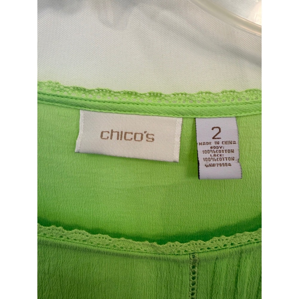 Chicos Lime Green Cotton Lace Trim Blouse Pintuck 3/4 Sleeve Top Size 2 L Large - Picture 3 of 7